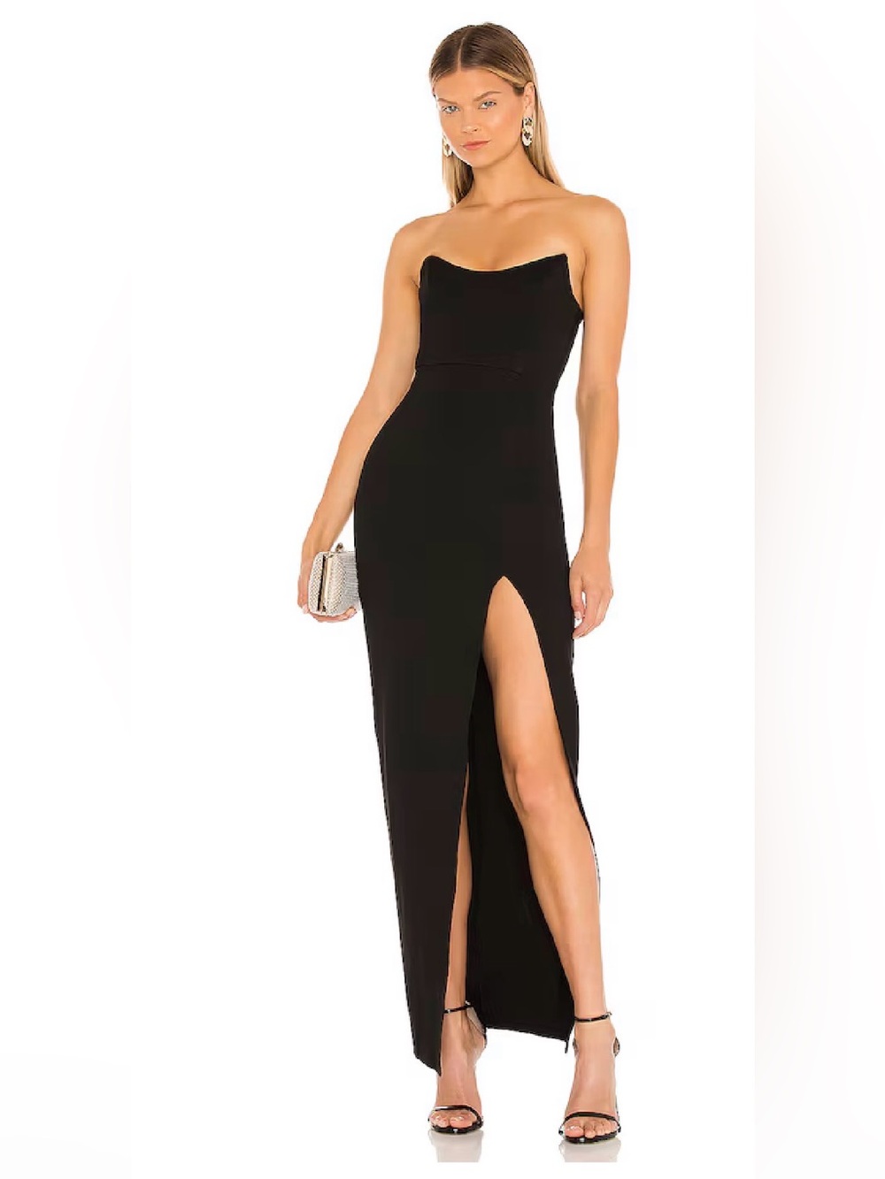 superdown Black Strapless Gown with High Thigh Slit